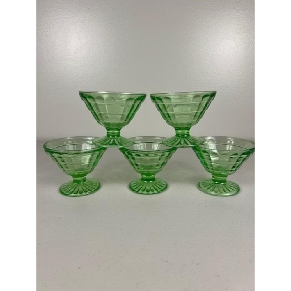 Vintage Anchor Hocking Block Optic‎ Green Uranium Depression Glass Sherbet Cup 5 - Picture 6 of 15